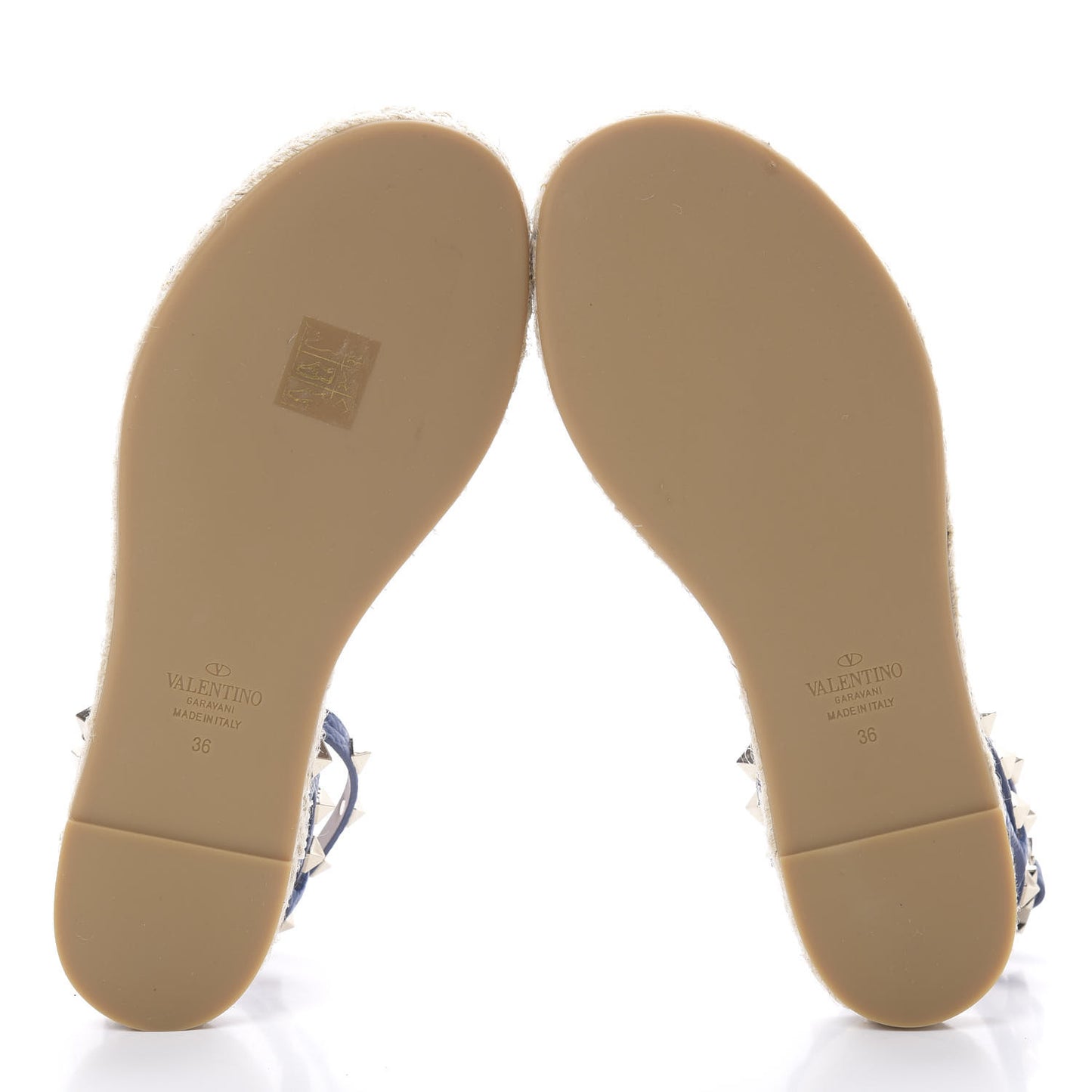 Grained Calfskin Rockstud Ankle Strap Espadrille Flat Sandals 36 Baltique