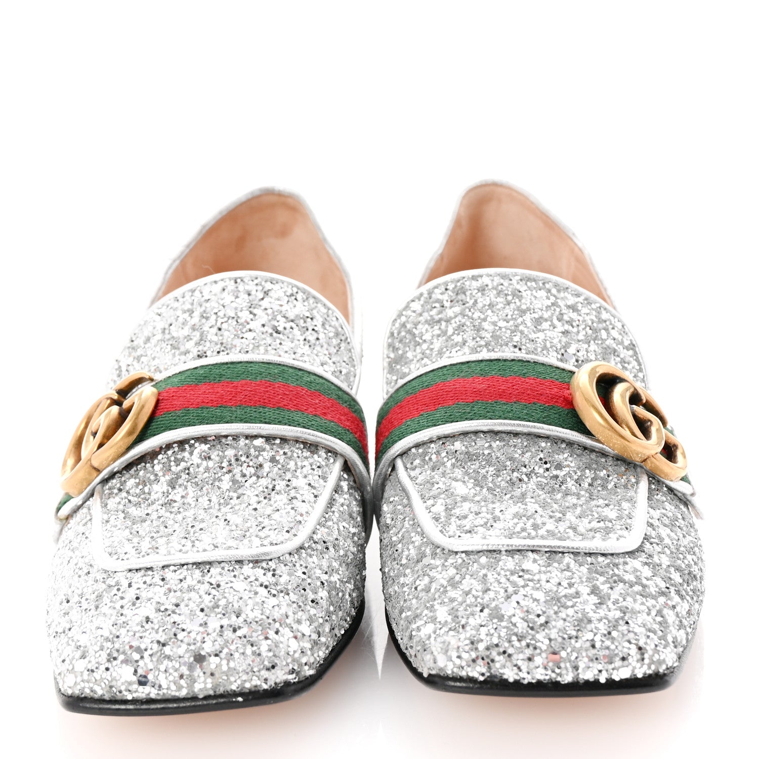 Gucci Glitter Web Peyton Loafers 35.5 Silver 3 of 9
