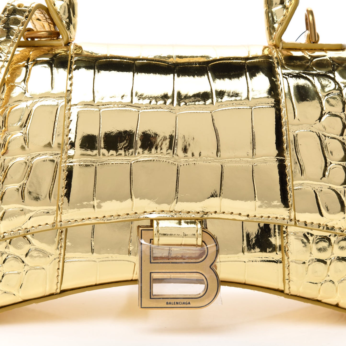 Metallic Calfskin Crocodile Embossed Hourglass Top Handle Bag XS Gold
