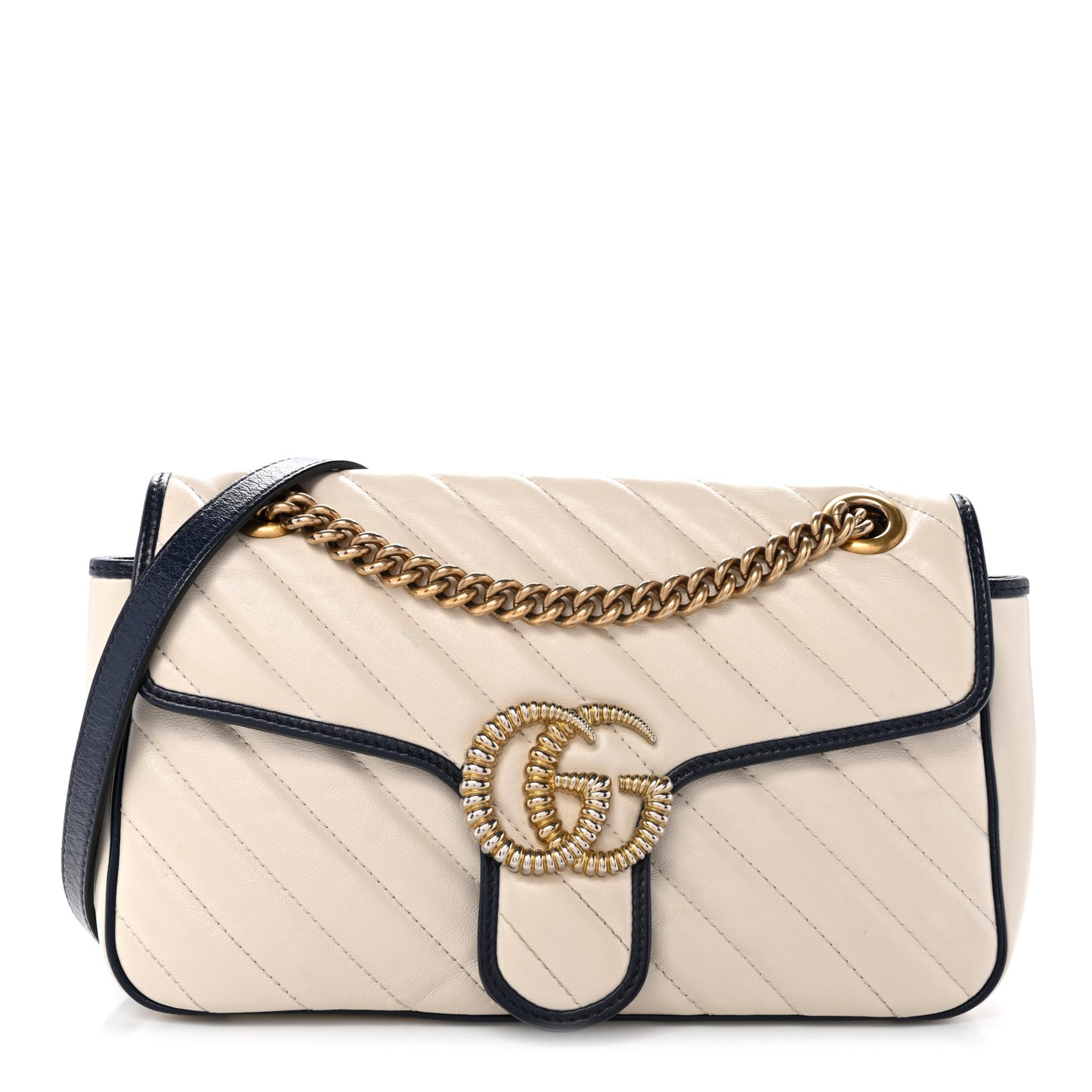 Vintage Effect Calfskin Matelasse Diagonal Small Torchon GG Marmont Shoulder Bag Mystic White Blue Agata