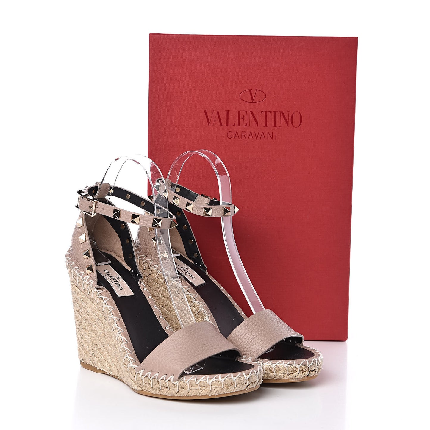 Grained Calfskin Rockstud Ankle Strap Espadrille 15/105mm Wedge Sandals 36 Poudre Natural