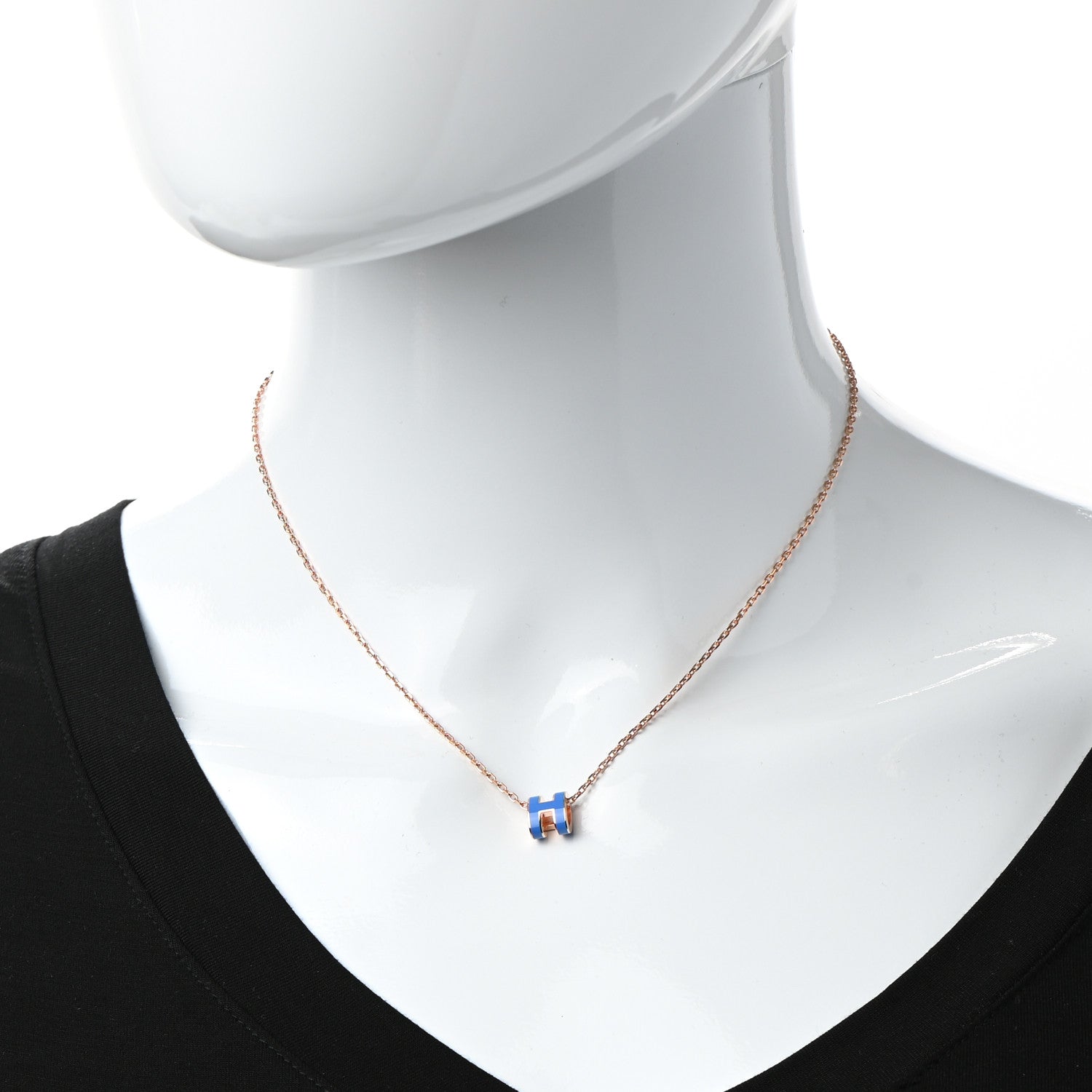 Hermes Lacquered Rose Gold Mini Pop H Pendant Necklace Bleu Sature 2 of 7