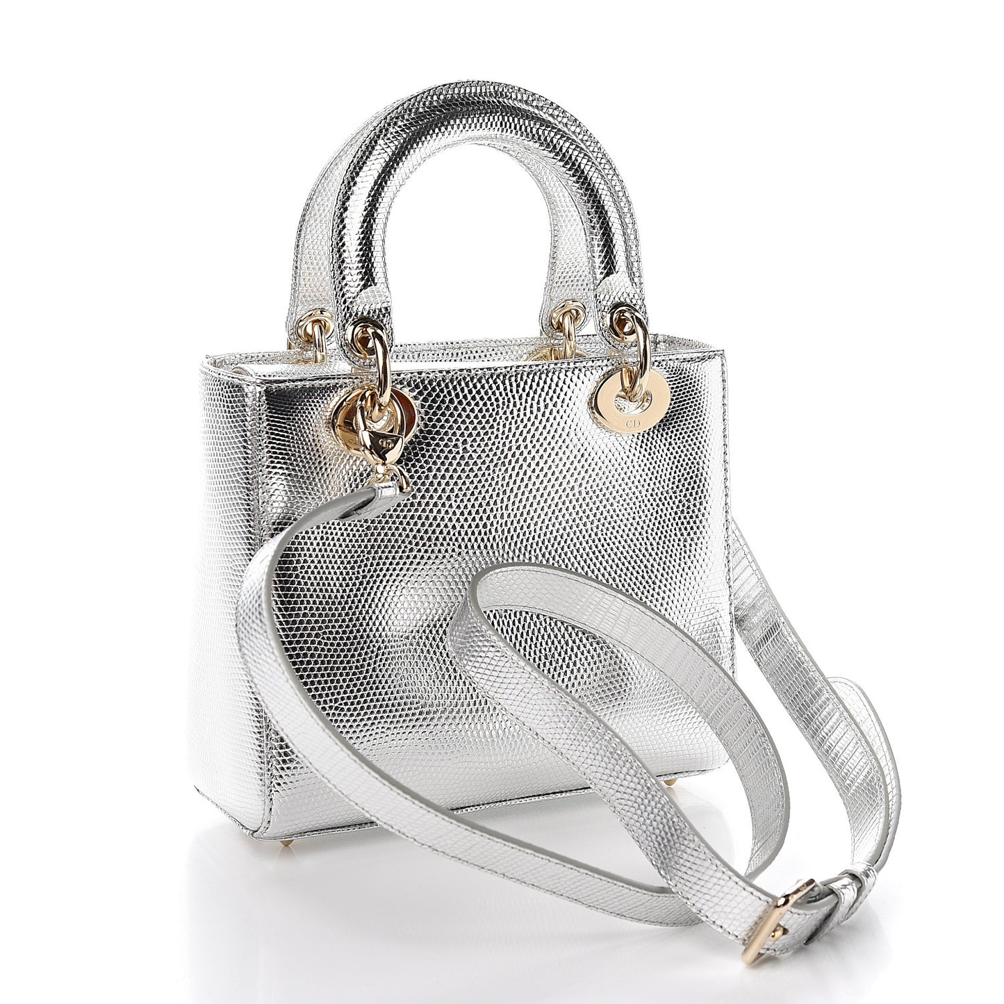 Metallic Lizard Small Lady Dior Argent