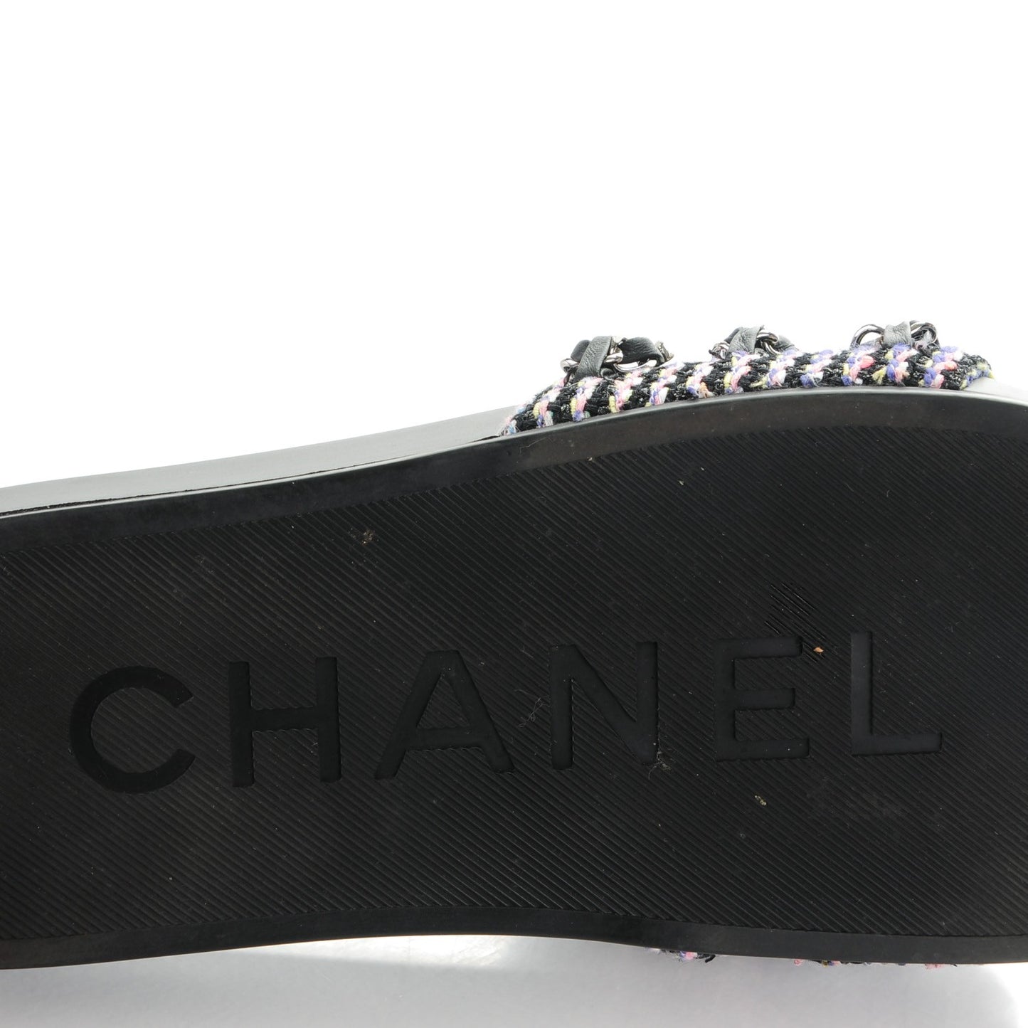 Tweed Lambskin Chain Flat Sandals 36 Black Multicolor