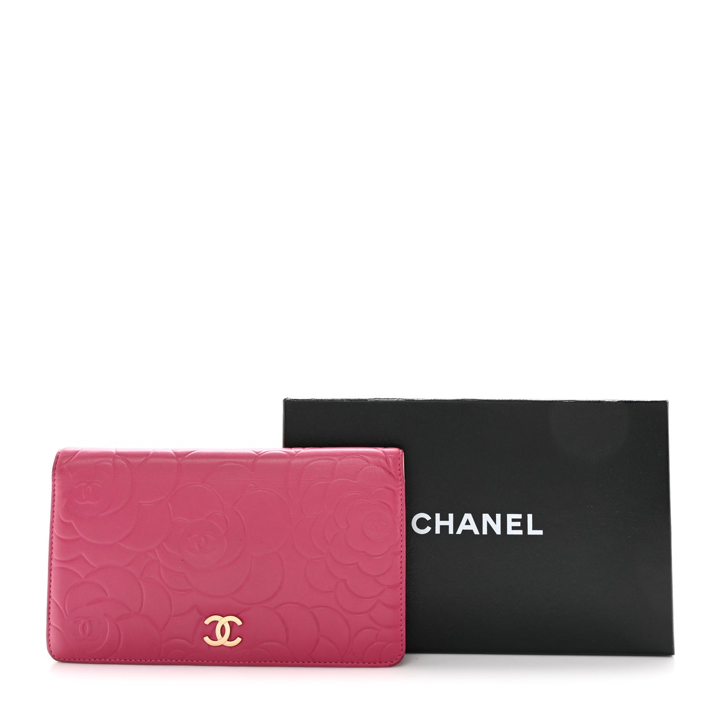 Lambskin Camellia Embossed Yen Wallet Fuchsia