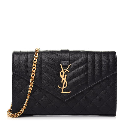 Saint Laurent Grain De Poudre Mixed Matelasse Triquilt Monogram Chain Wallet Black 1 of 9