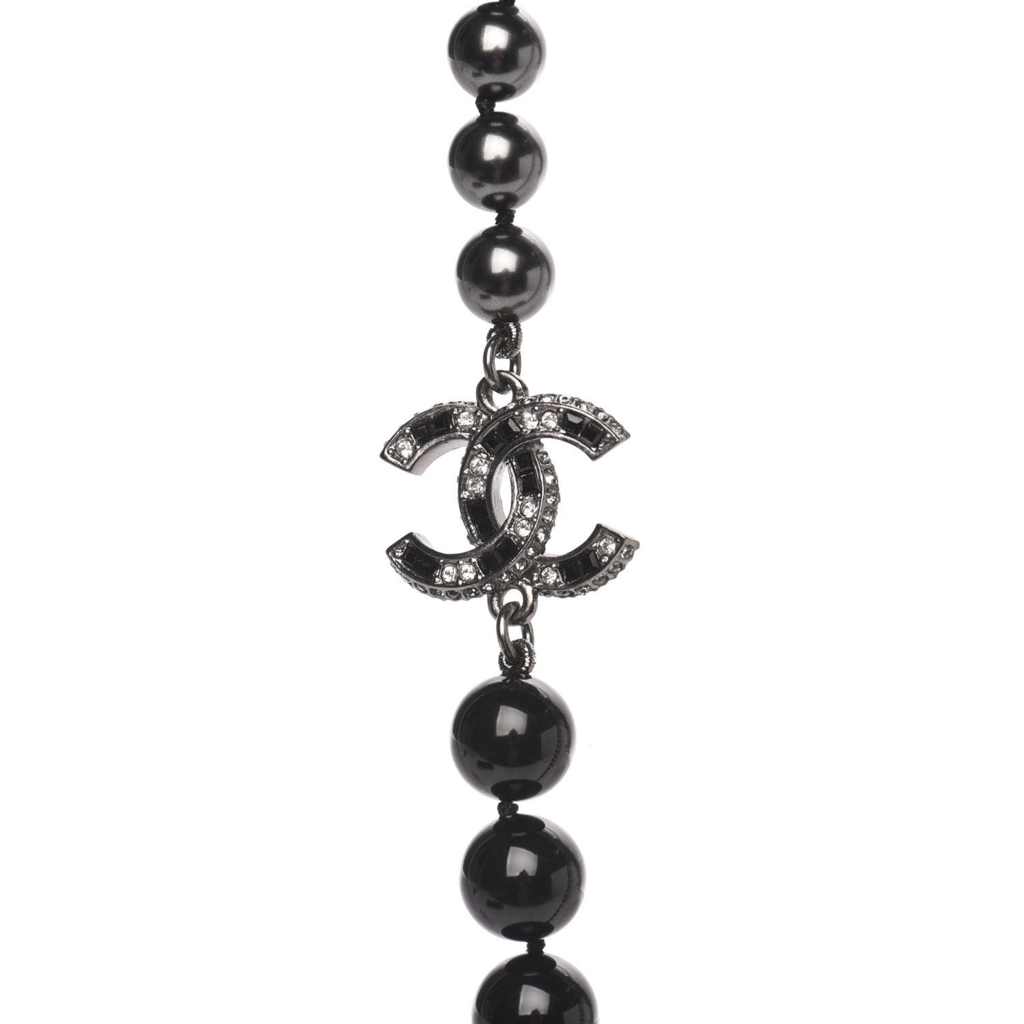 Ruthenium Crystal Baguette Pearl Beaded CC Long Necklace Black Grey
