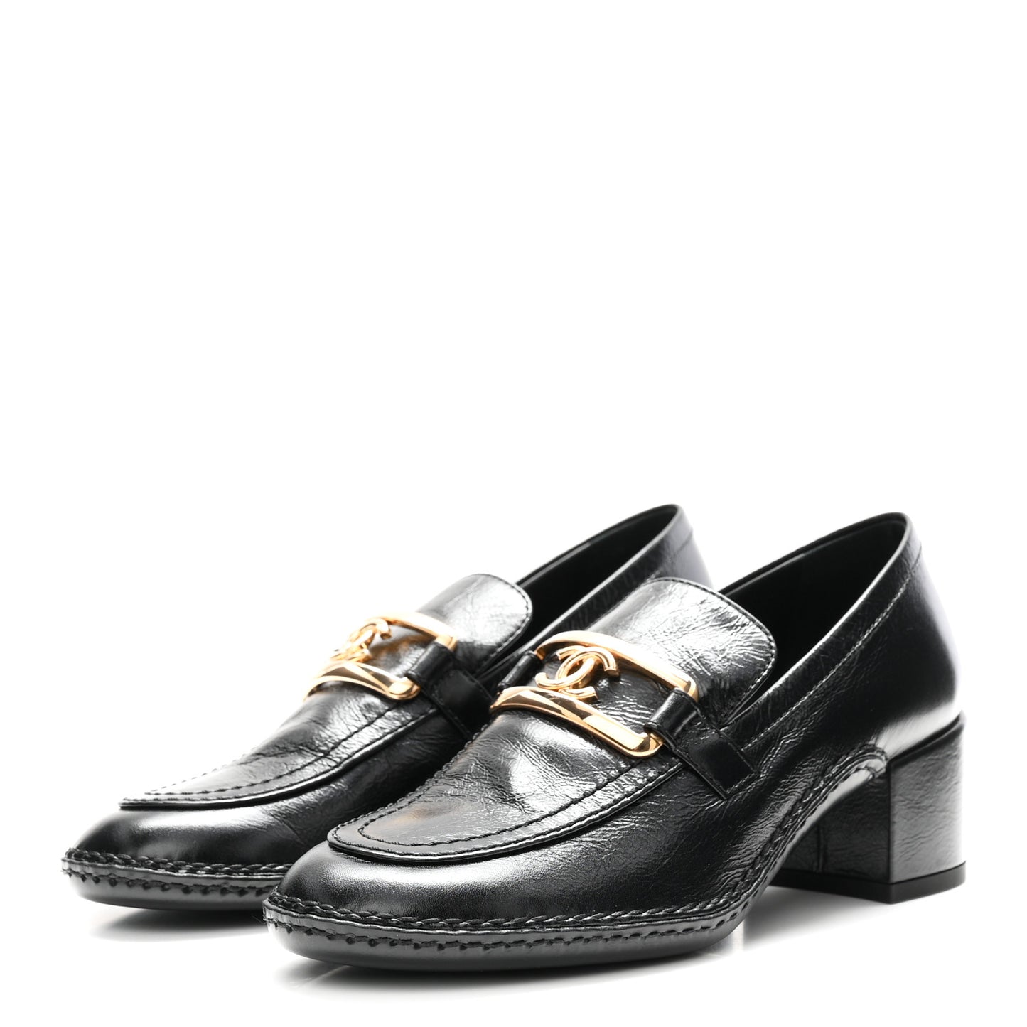 Shiny Calfskin Metal CC Loafers 37 Black