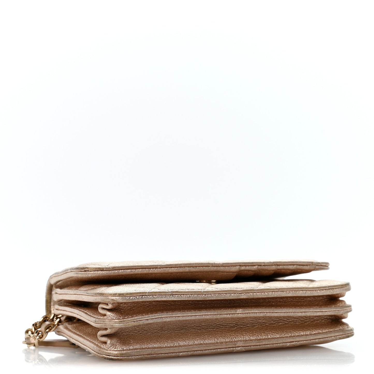 Metallic Lambskin Quilted Mini Wallet On Chain WOC Gold