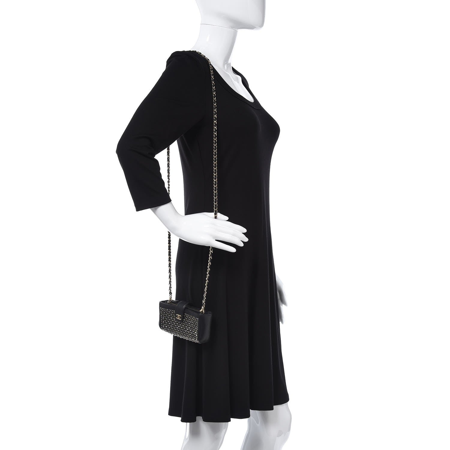 Chanel Calfskin Strass Studded Mini Phone Holder Clutch Black 2 of 8