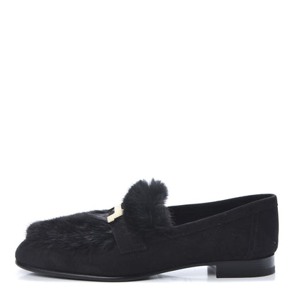 Hermes Mink Fur Suede Goatskin Paris Loafers 37 Black 1 of 8