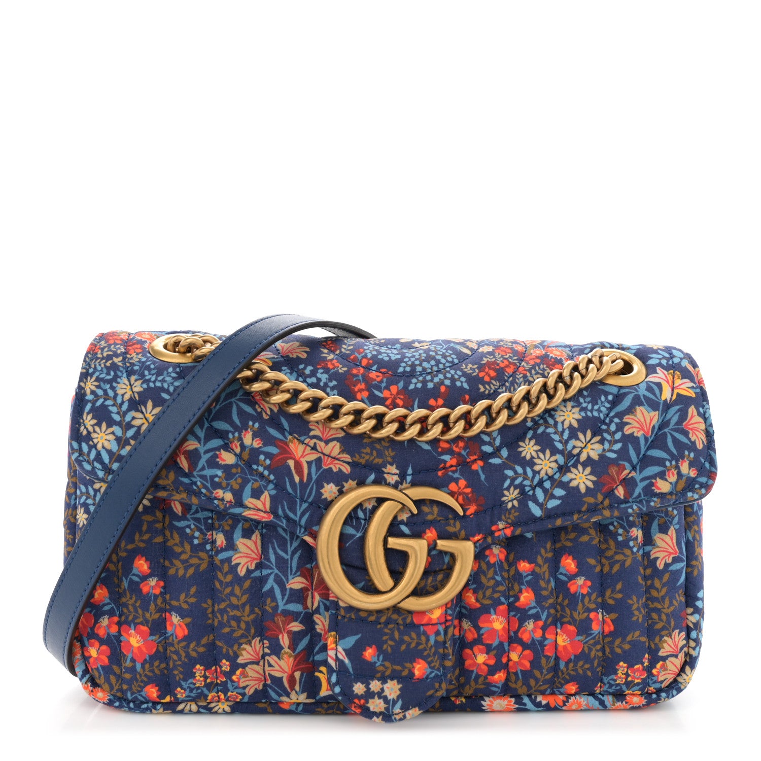 Gucci Cotton Calfskin Matelasse Floral Print Small GG Marmont Shoulder Bag Blue Red Deep Ocean Blue 1 of 11