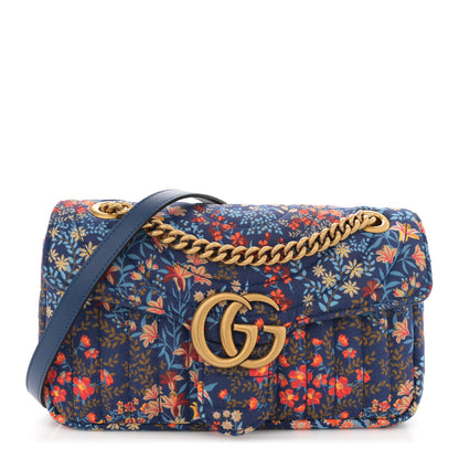 Gucci Cotton Calfskin Matelasse Floral Print Small GG Marmont Shoulder Bag Blue Red Deep Ocean Blue 1 of 11