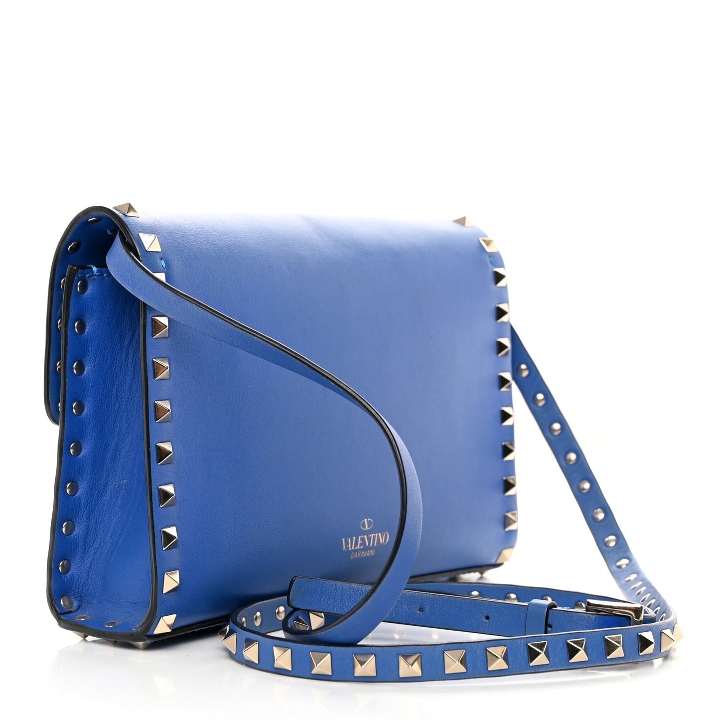 Vitello Medium Rockstud Flip Lock Crossbody Bag Acid Blue