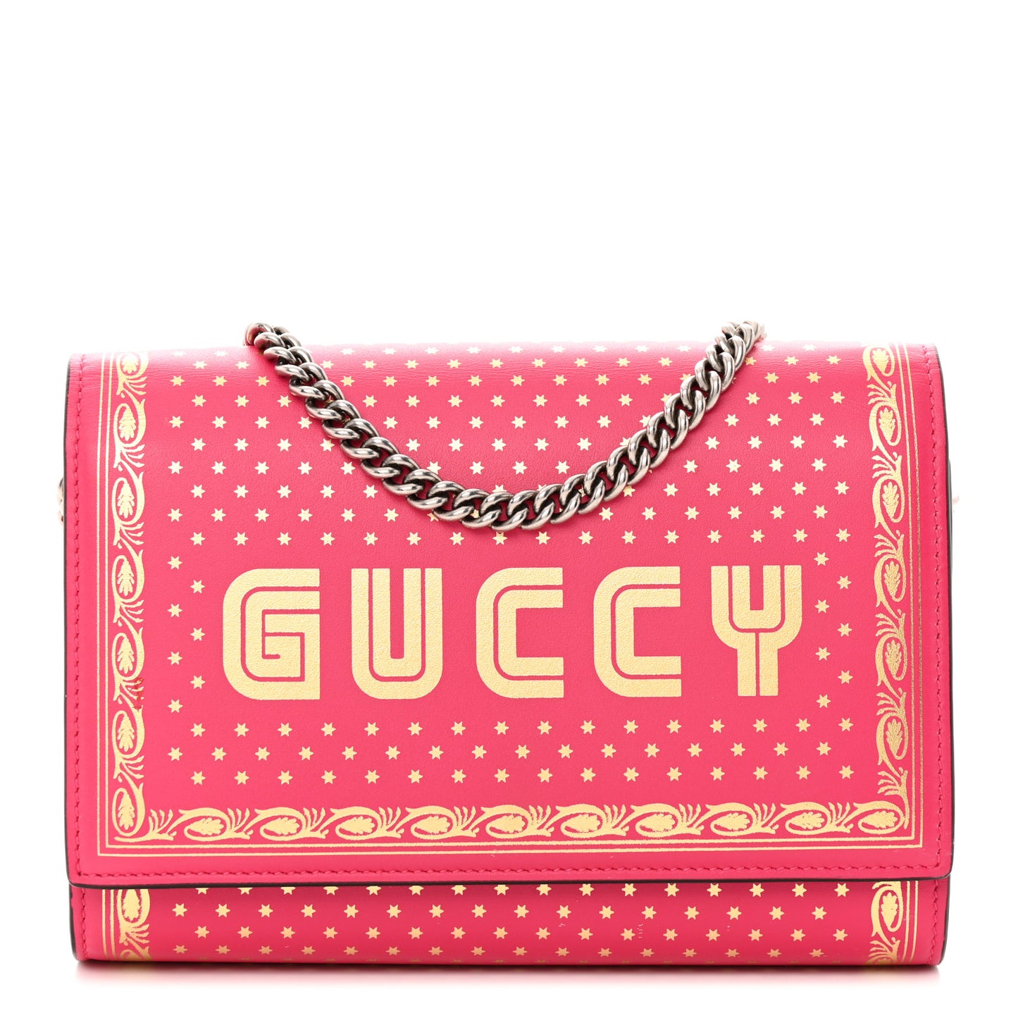 X SEGA Calfskin GUCCY Stars Chain Wallet Violet Fuxia Gold