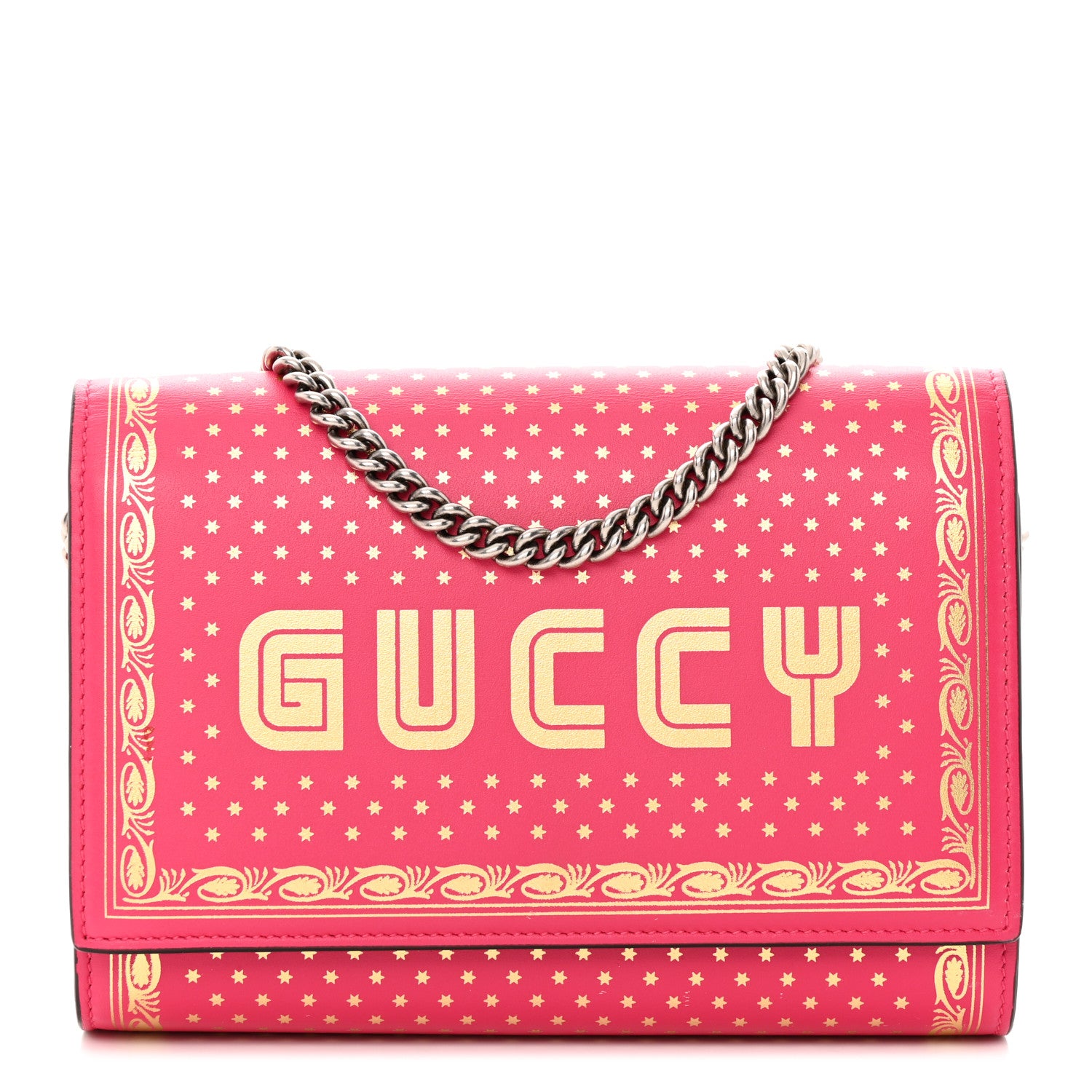 Gucci X SEGA Calfskin GUCCY Stars Chain Wallet Violet Fuxia Gold 1 of 17