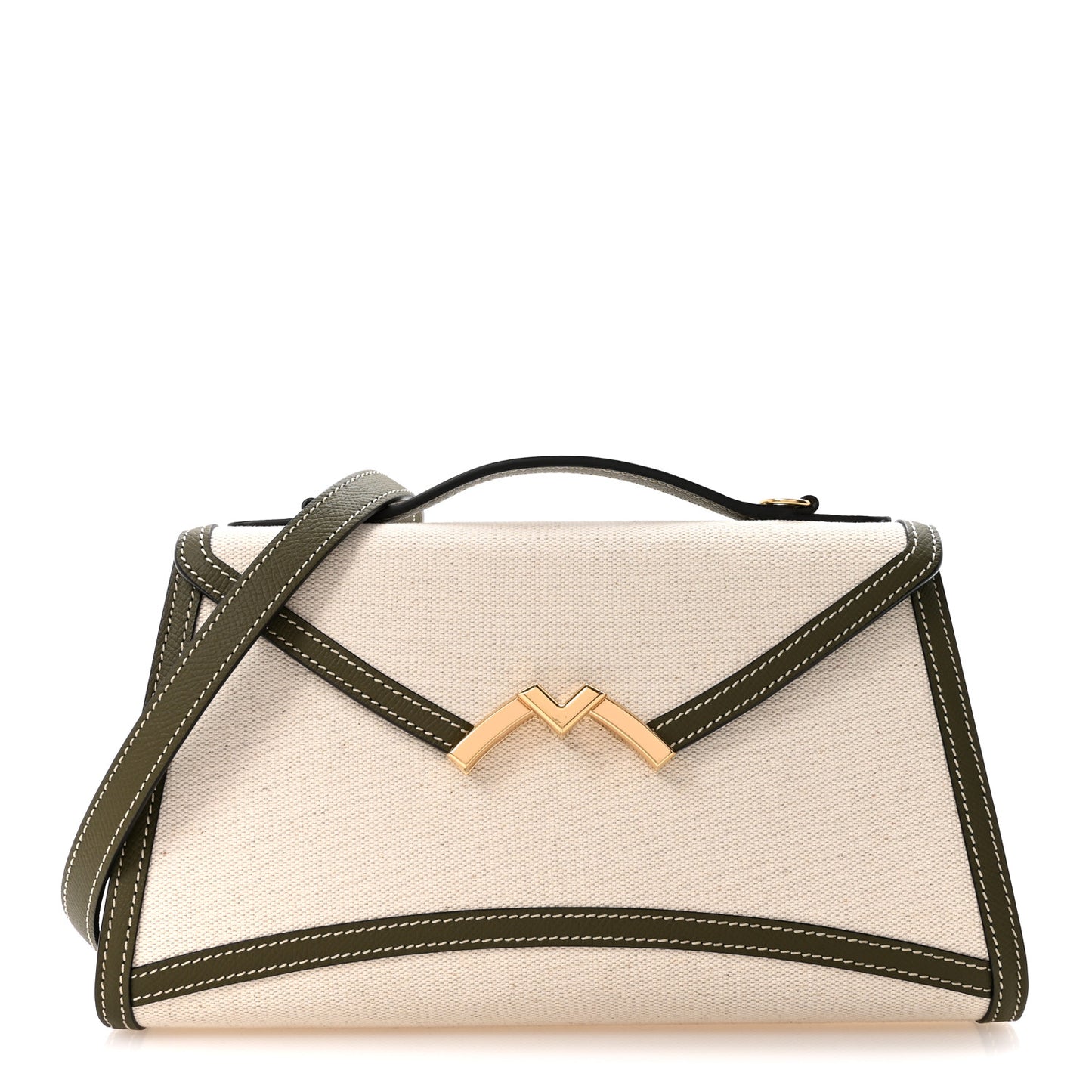 Cotton Canvas Linen Calfskin Gabrielle Clutch Olive Green