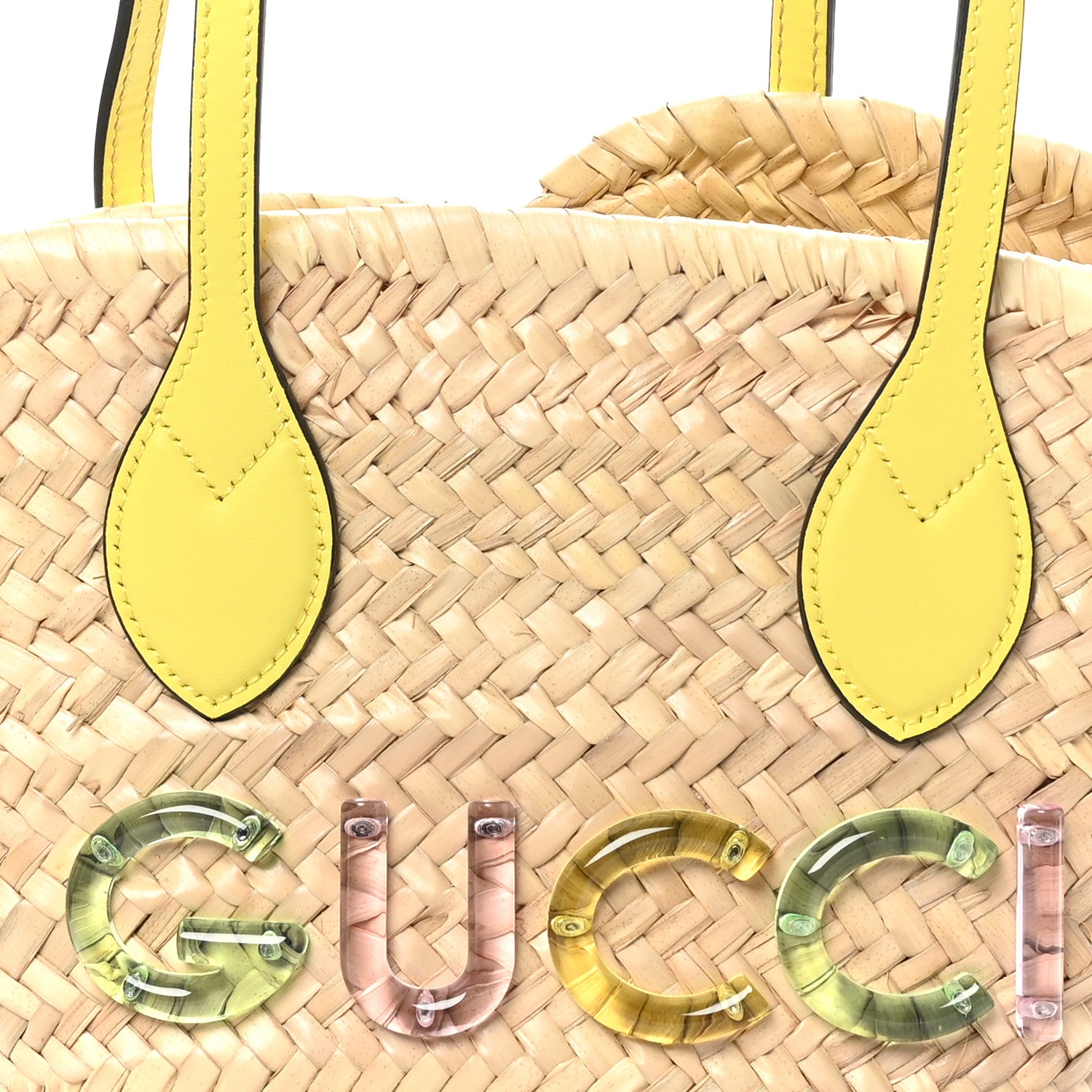 Gucci Straw Calfskin Plexiglass Mini Logo Tote Yellow 7 of 9
