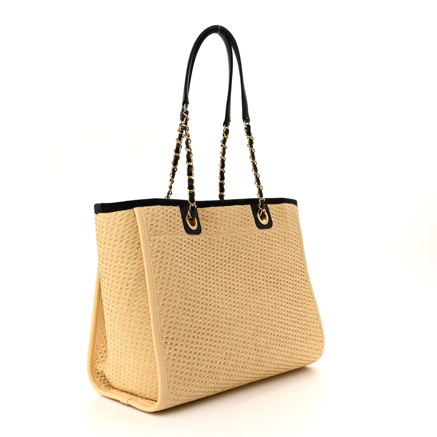 Straw Raffia Calfskin Chain Small Deauville Tote Beige Black