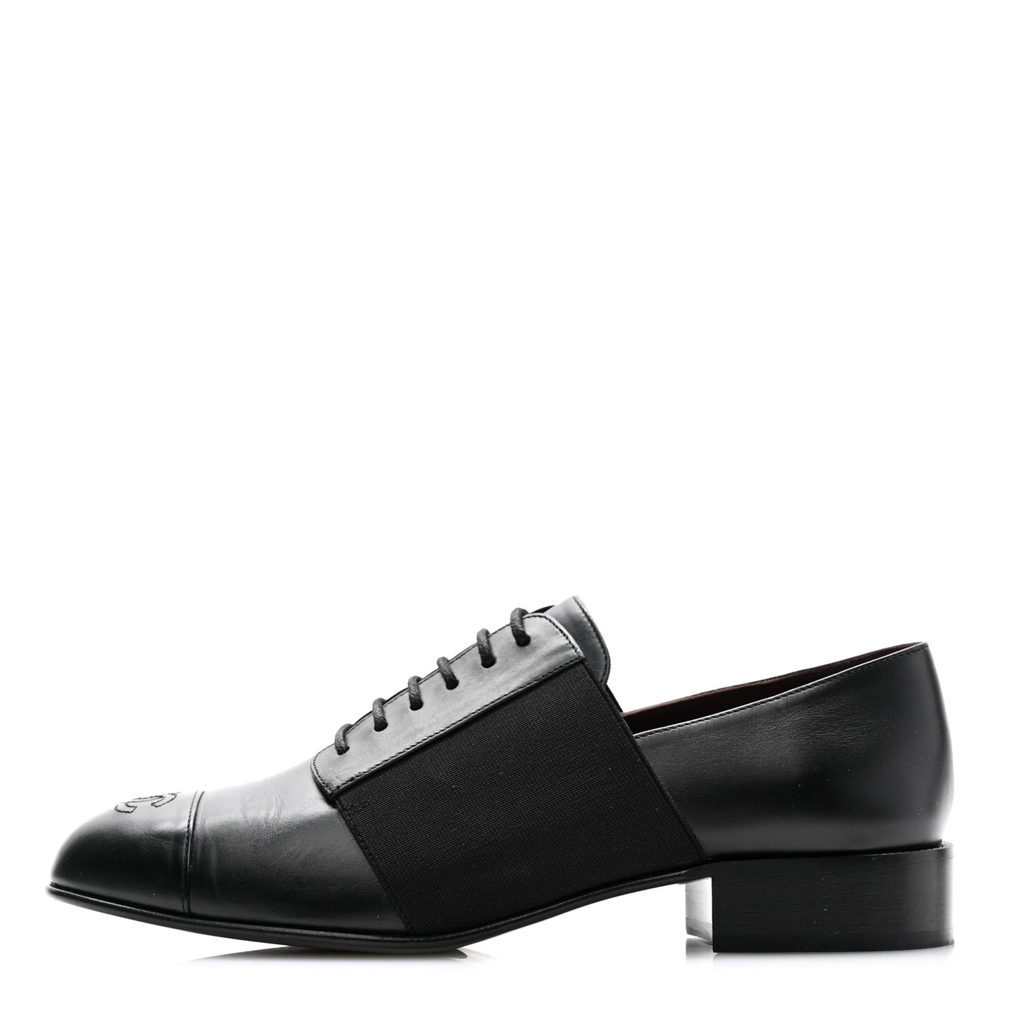 Calfskin Elastic Lace Up Cap Toe CC Loafers 38.5 Black