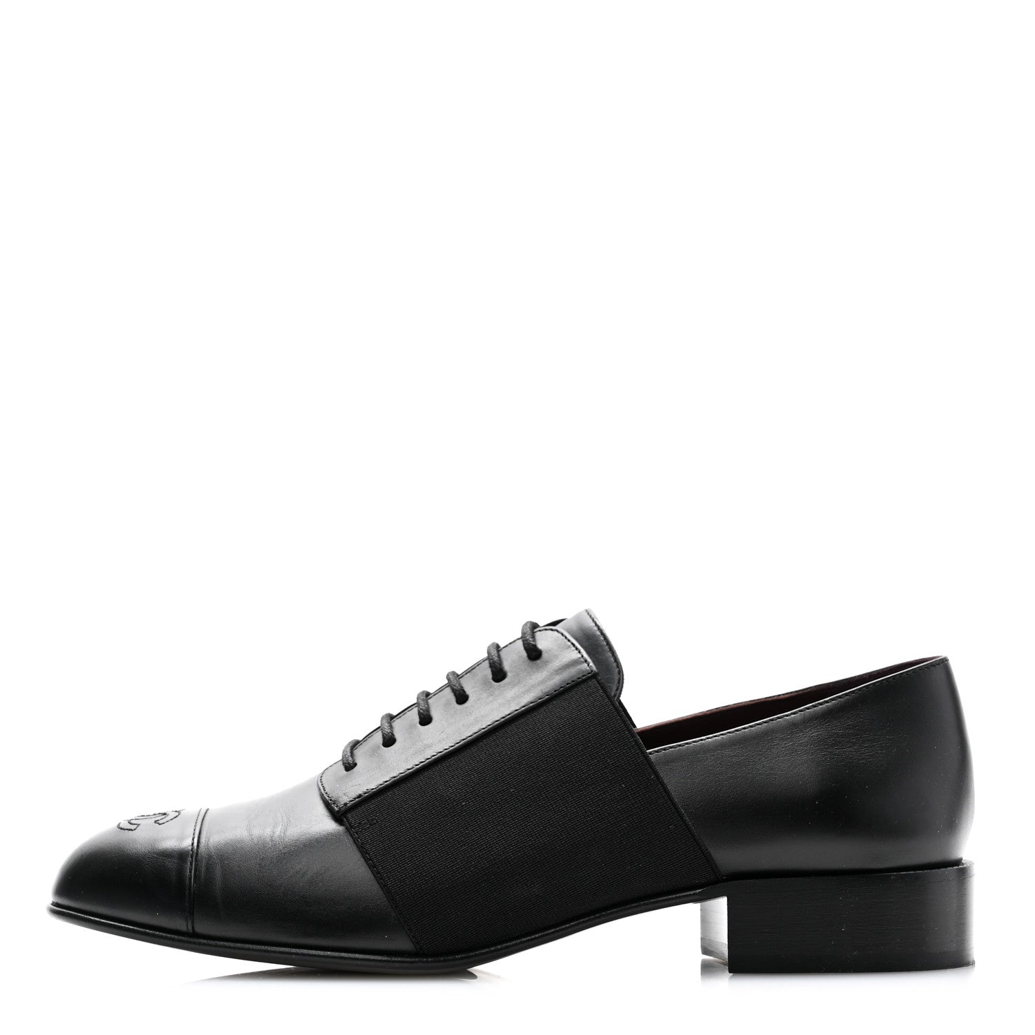 Chanel Calfskin Elastic Lace Up Cap Toe CC Loafers 38.5 Black 1 of 11
