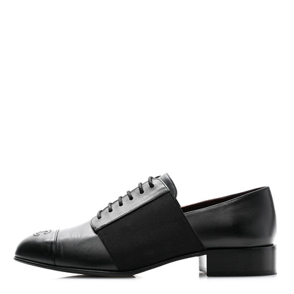 Chanel Calfskin Elastic Lace Up Cap Toe CC Loafers 38.5 Black 1 of 11