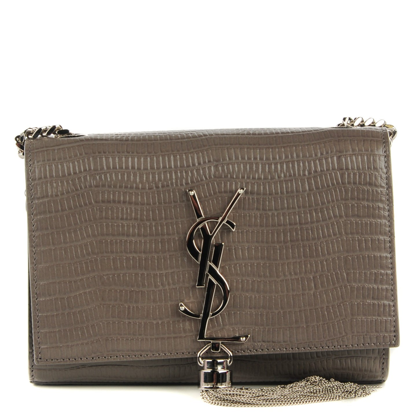 Lizard Calfskin Embossed Small Classic Monogram Kate Tassel Satchel Fog