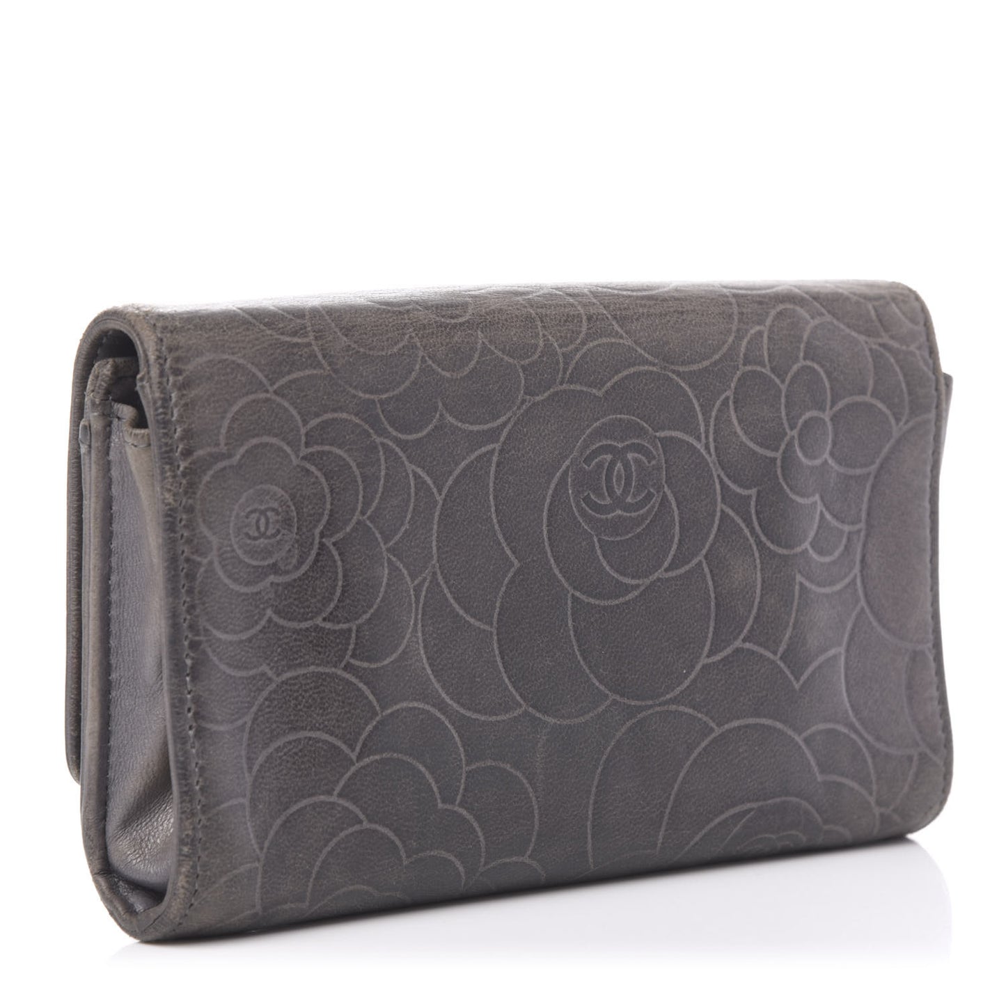 Lambskin Camellia Embossed Yen Wallet Grey