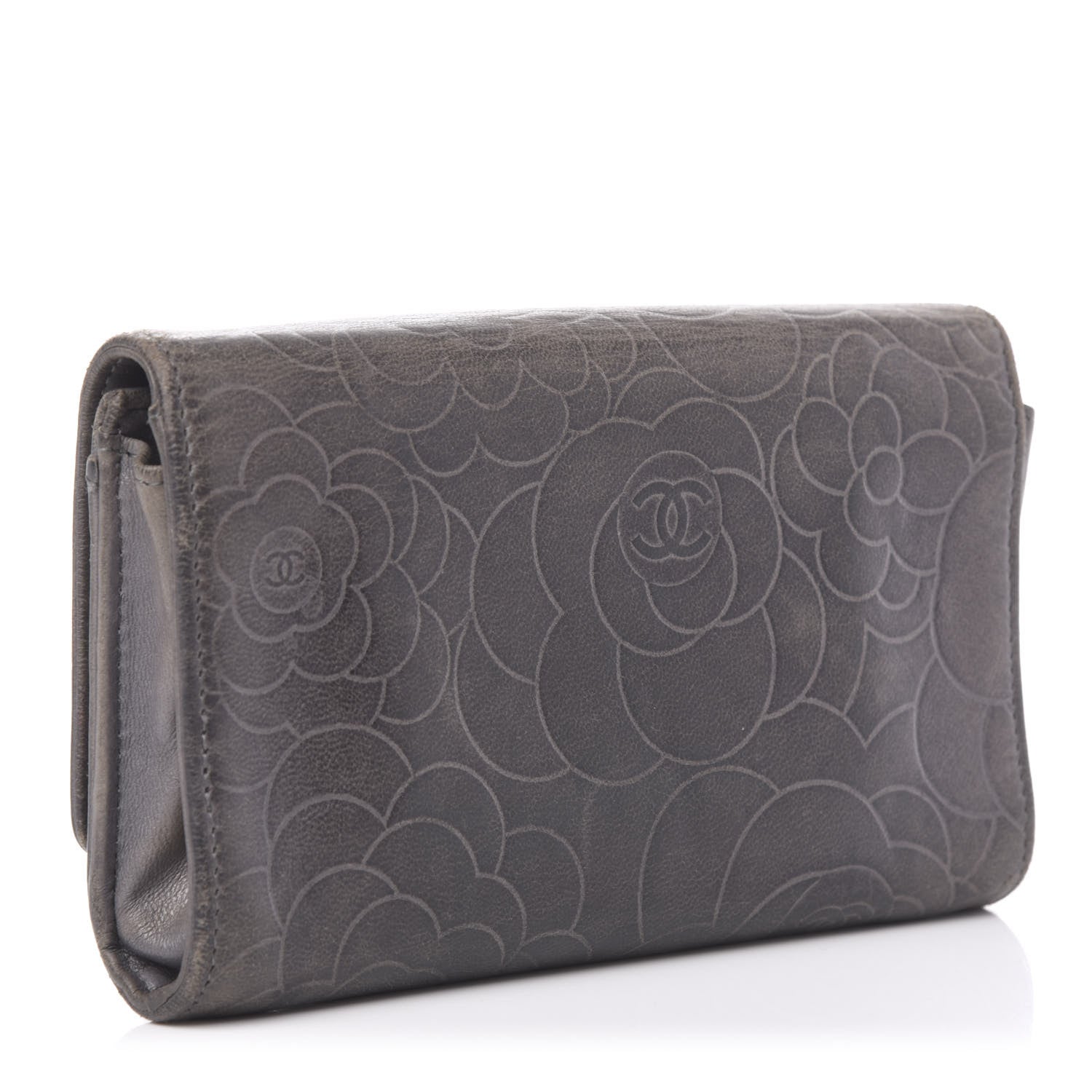 Chanel Lambskin Camellia Embossed Yen Wallet Grey 3 of 13