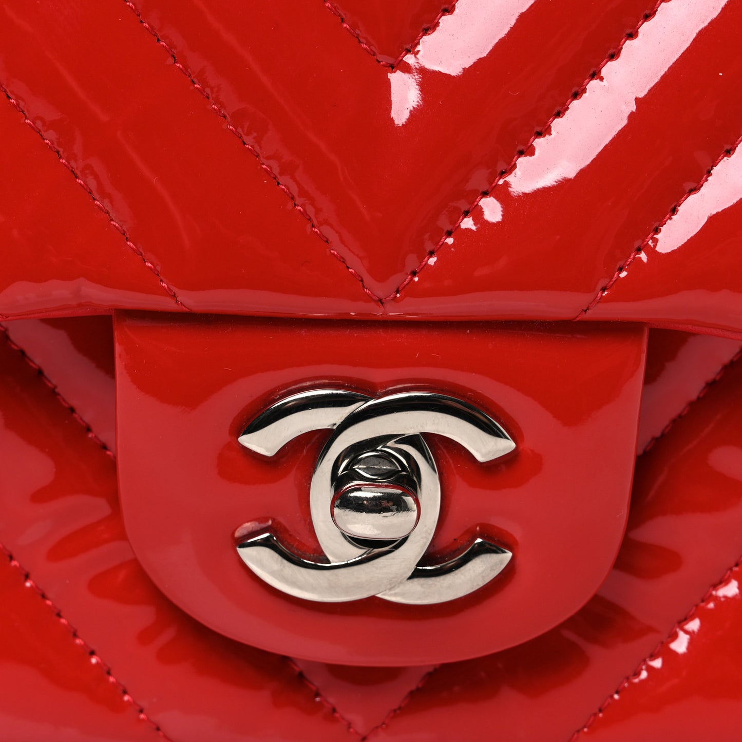 Patent Calfskin Chevron Quilted Mini Rectangular Flap Red