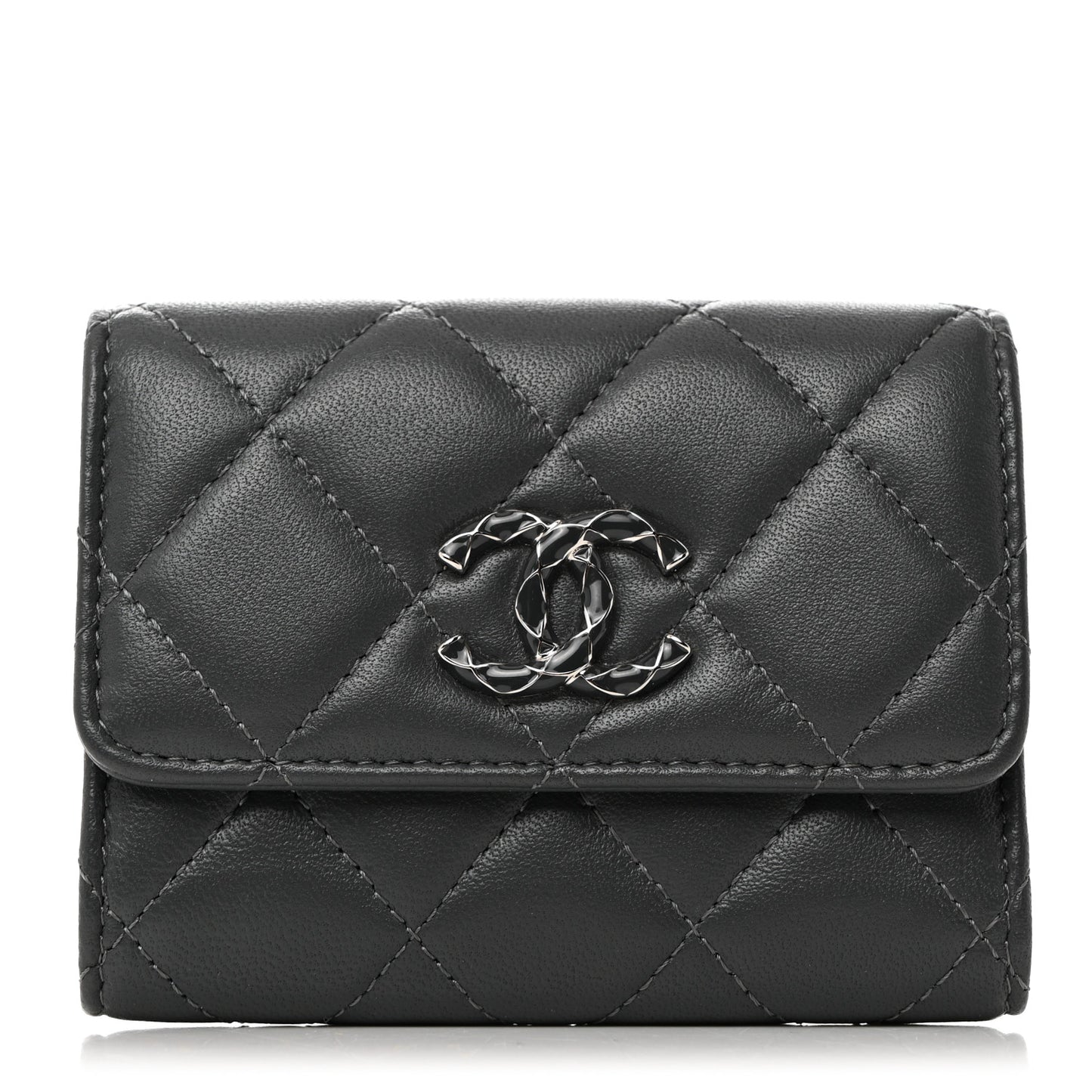 Lambskin Enamel Quilted Compact Flap Wallet Dark Grey
