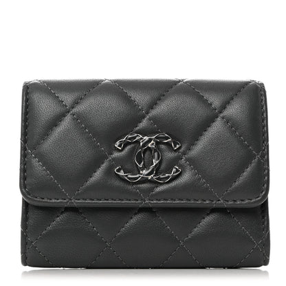 Chanel Lambskin Enamel Quilted Compact Flap Wallet Dark Grey 1 of 9