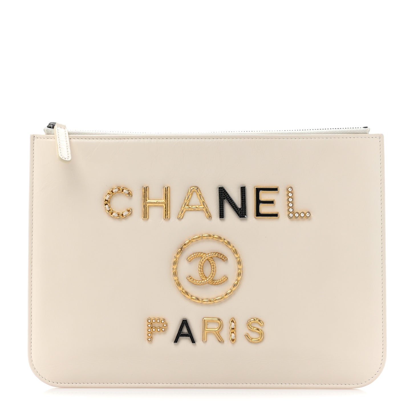 Shiny Calfskin Crystal Pearl Logo Cosmetic Case White