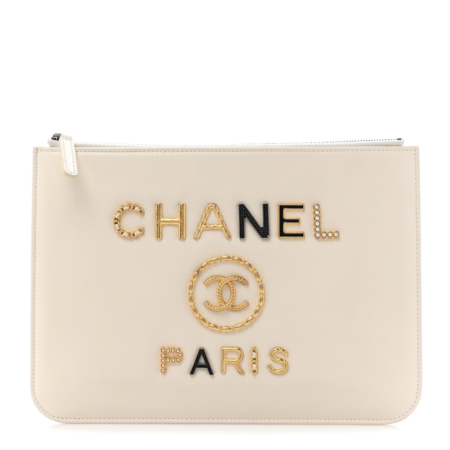 Chanel Shiny Calfskin Crystal Pearl Logo Cosmetic Case White 1 of 10