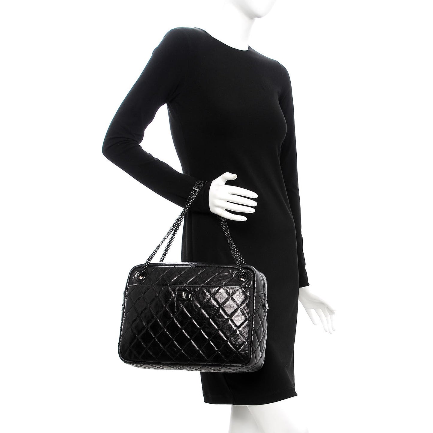Metallic Aged Calfskin Quilted Large Reissue Camera Case Black