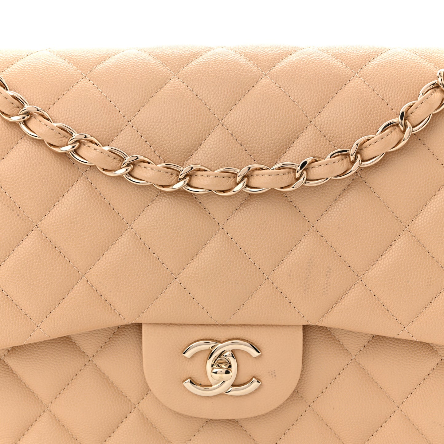 Caviar Quilted Jumbo Double Flap Light Beige