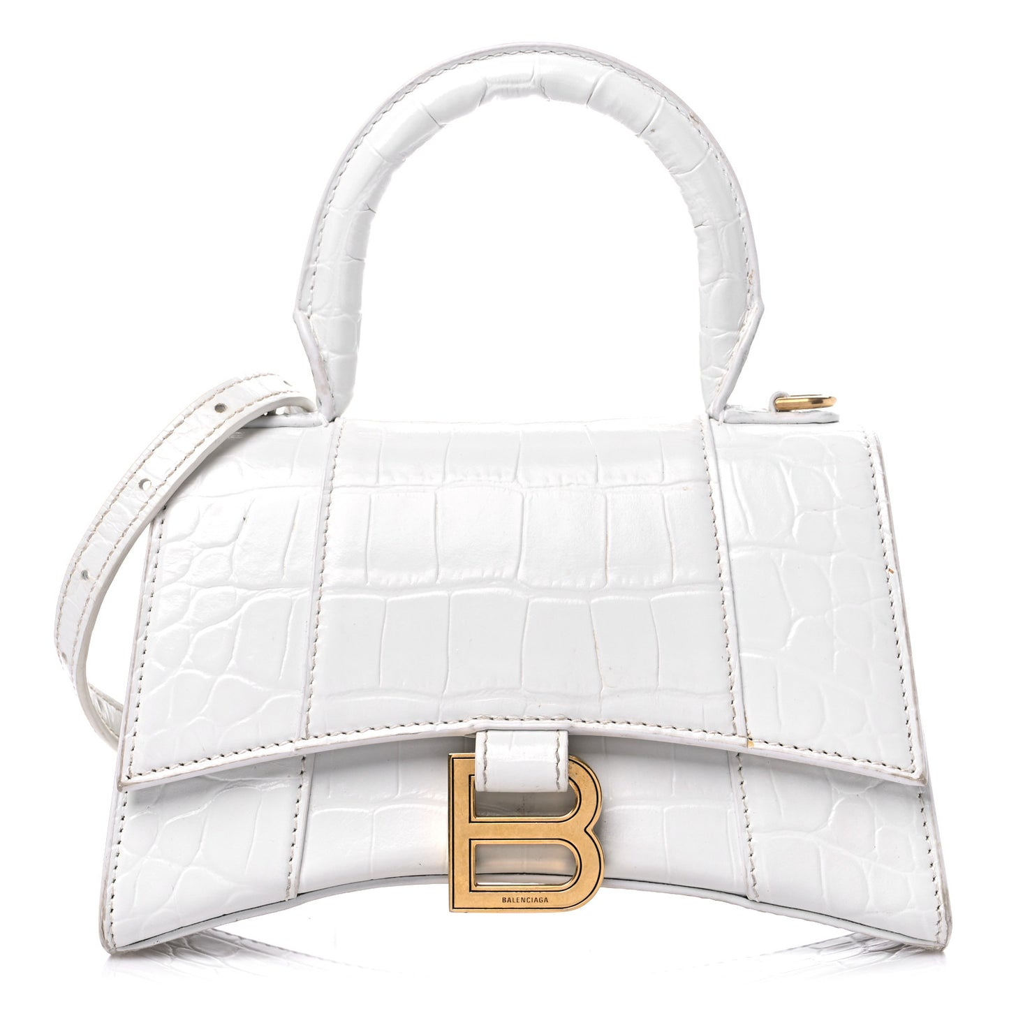 Shiny Calfskin Crocodile Embossed Hourglass Top Handle Bag XS White