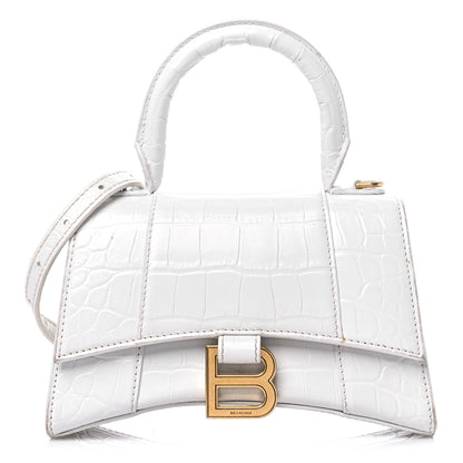 Balenciaga Shiny Calfskin Crocodile Embossed Hourglass Top Handle Bag XS White 1 of 16