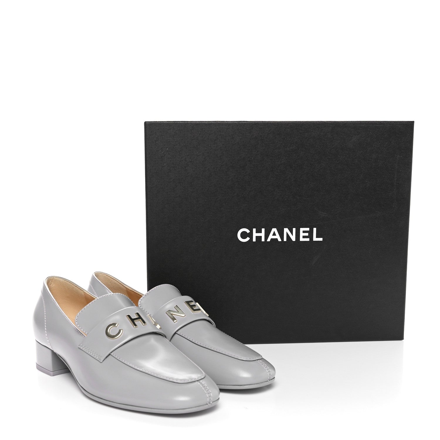 Chanel Shiny Calfskin Logo Loafers 36.5 Light Grey 1617941