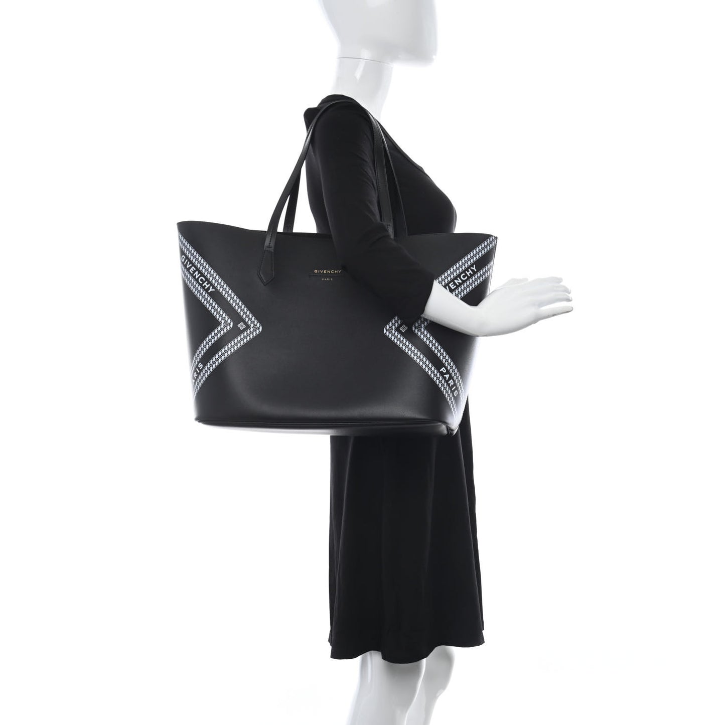 Smooth Calfskin Logo Chain Wing Shopper Tote Black White