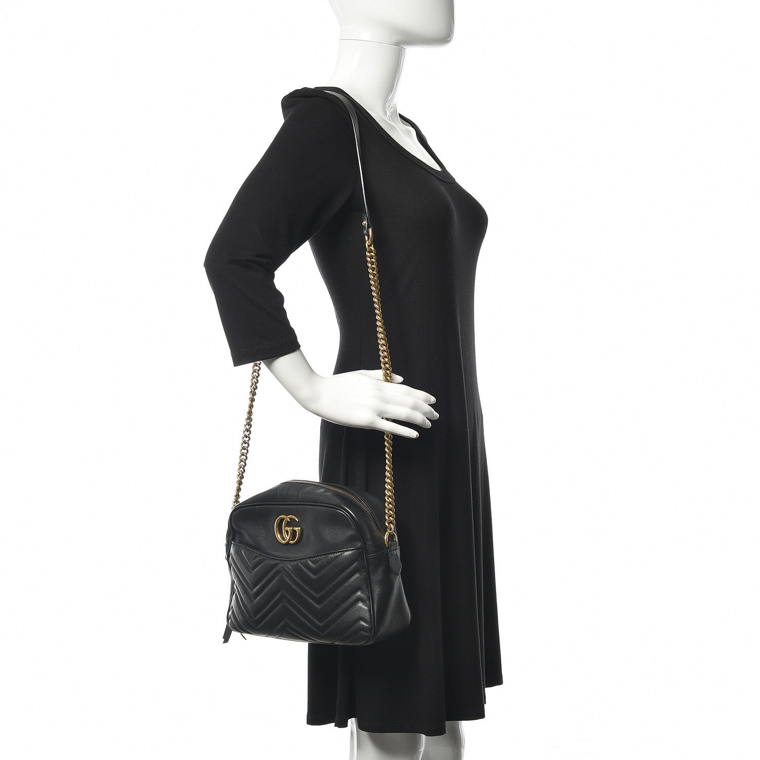 Gucci Calfskin Matelasse Medium GG Marmont Chain Shoulder Bag Black 2 of 13