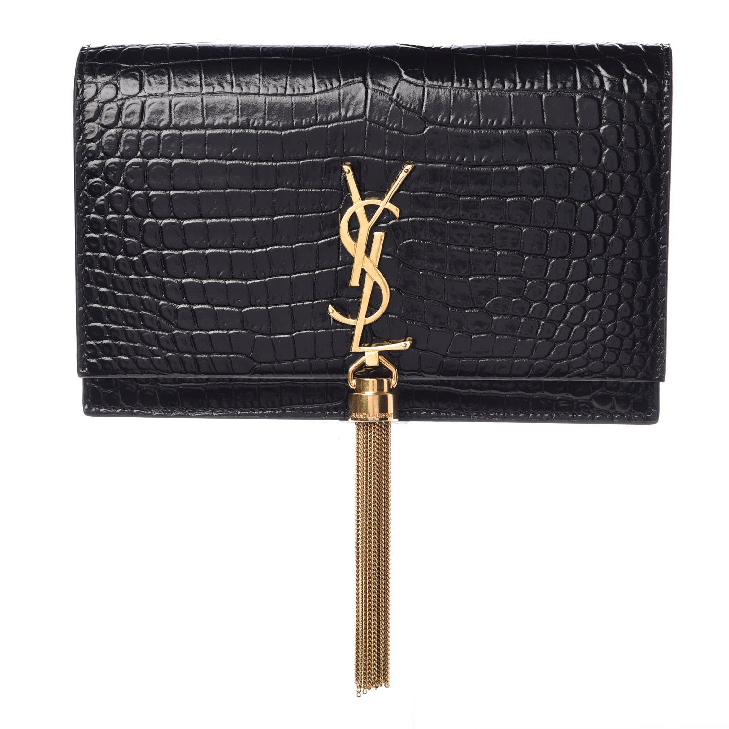 Saint Laurent Calfskin Crocodile Embossed Kate Monogram Tassel Chain Wallet Black 1 of 7