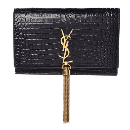 Saint Laurent Calfskin Crocodile Embossed Kate Monogram Tassel Chain Wallet Black 1 of 7