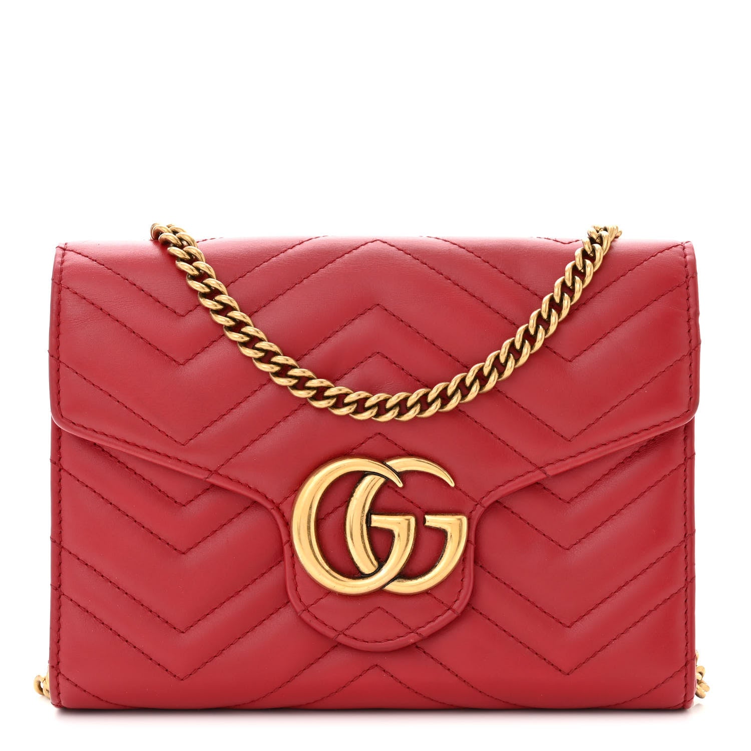Gucci Calfskin Matelasse GG Marmont Chain Wallet Hibiscus Red 1 of 12
