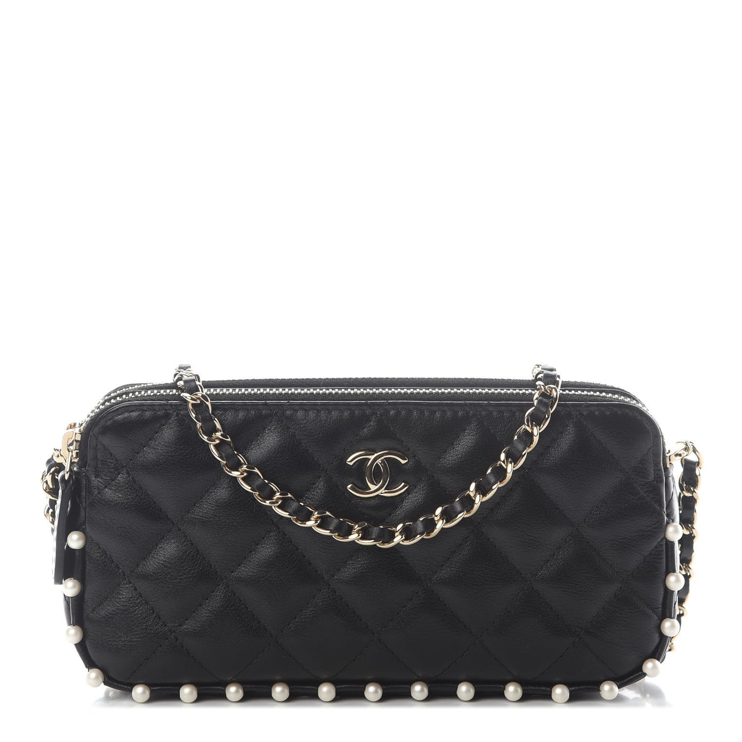 Calfskin Quilted Pearl Small Clutch With Chain Black