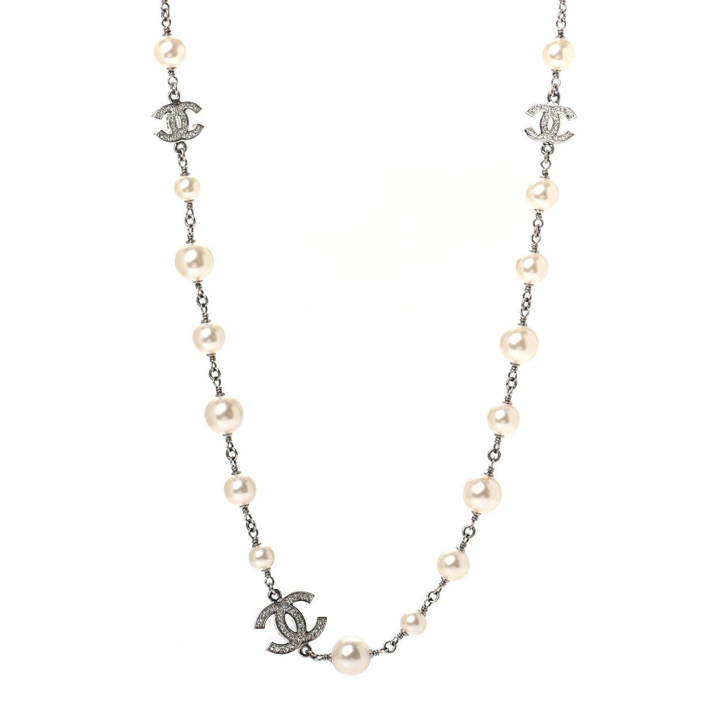 Crystal Pearl CC Long Necklace Silver