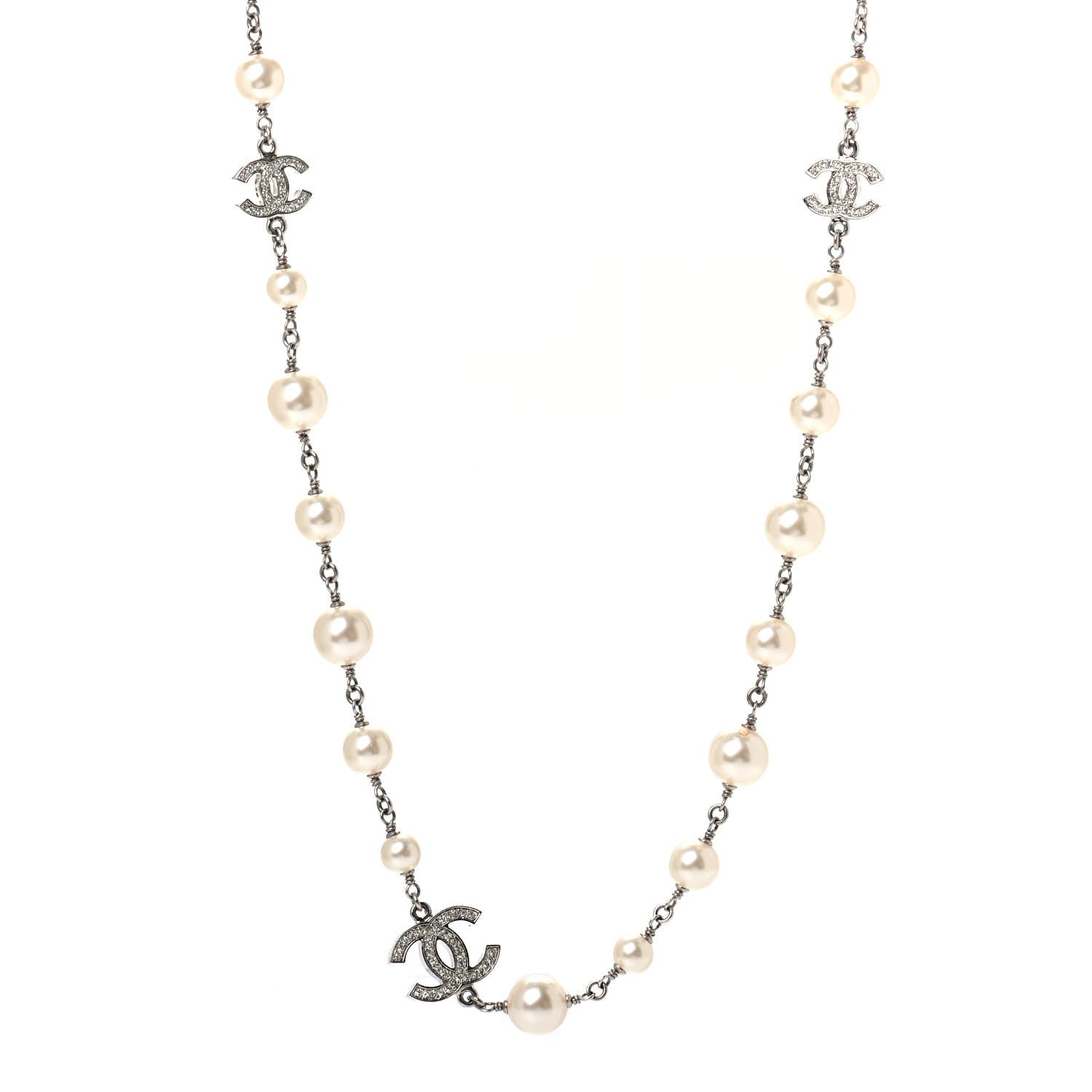 Chanel Crystal Pearl CC Long Necklace Silver 1 of 4