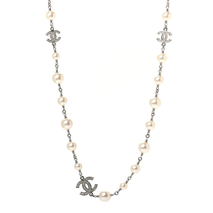 Chanel Crystal Pearl CC Long Necklace Silver 1 of 4
