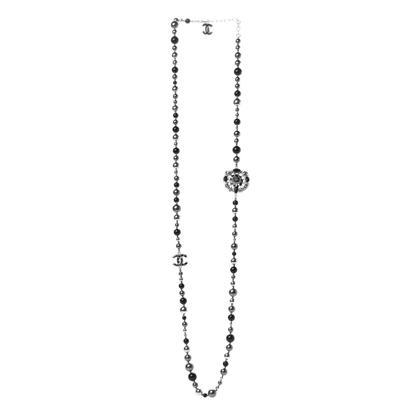 Pearl Beaded CC Long Necklace Black