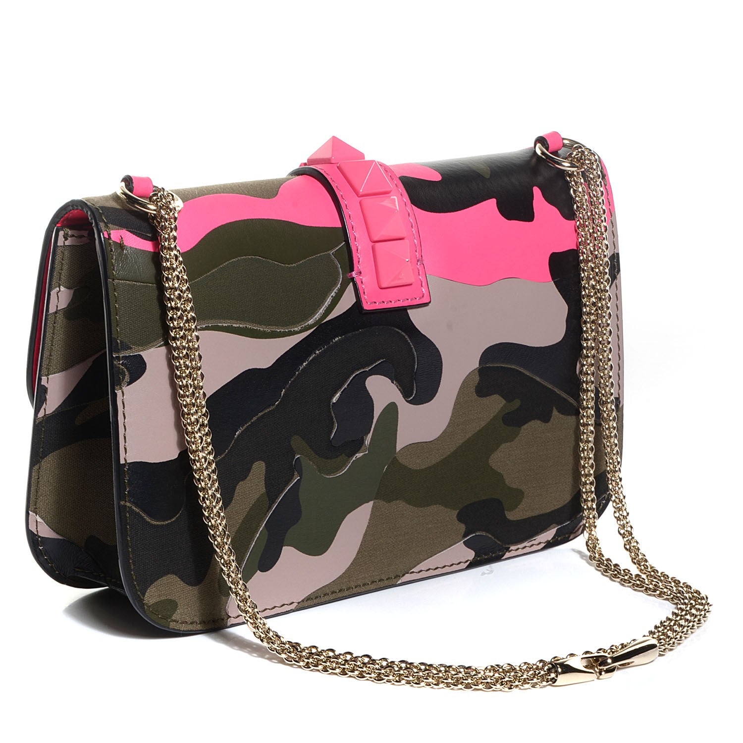 Valentino Garavani Nappa Canvas Camouflage Medium Glam Lock Rockstud Flap Fuxia Fluo 3 of 8